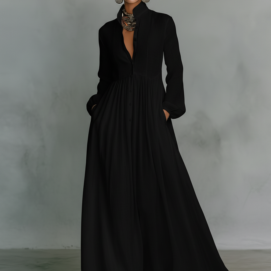 Beatrycze - Sukienka Maxi z Lnu w Stylu Patchwork z Kołnierzem