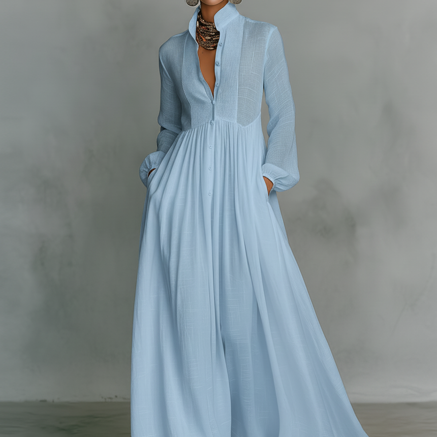 Beatrycze - Sukienka Maxi z Lnu w Stylu Patchwork z Kołnierzem