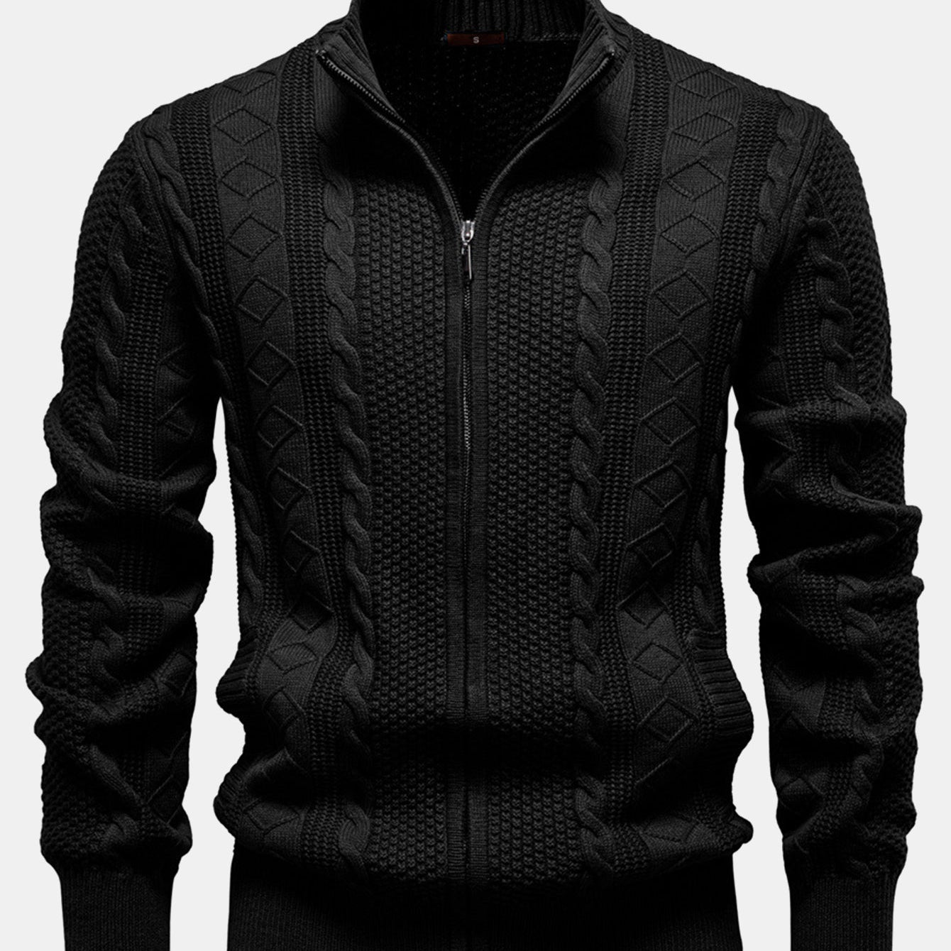Abel | Jacquard kabeltrui met opstaande kraag en rits