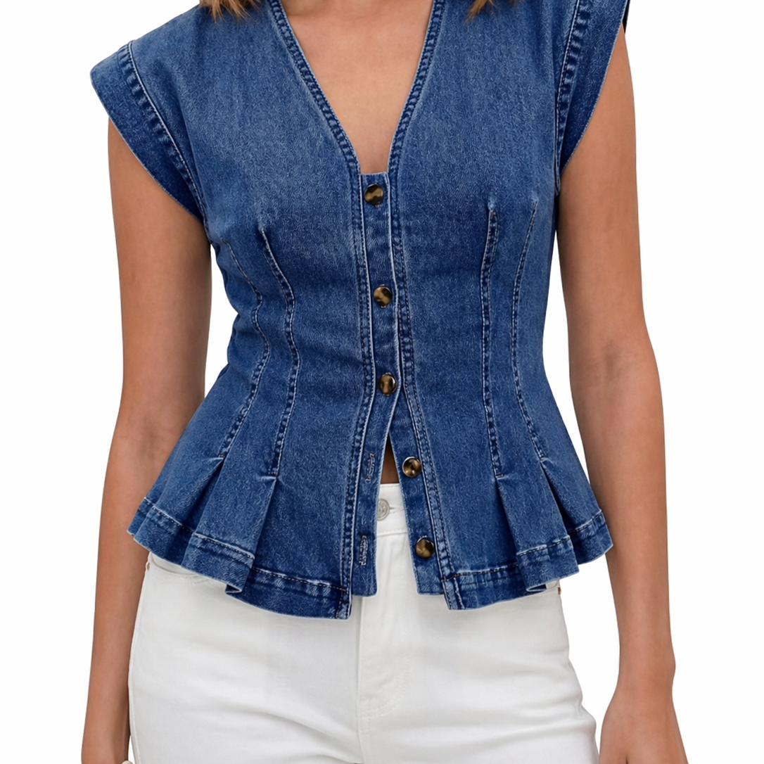 Wirginia - Top Denim z Dekoltem w Kształcie V