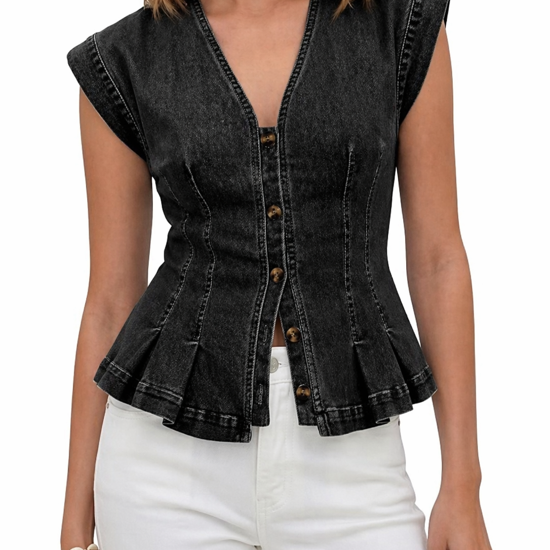Wirginia - Top Denim z Dekoltem w Kształcie V