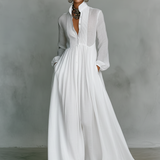 Béatrice - Sukienka Maxi z Lnu w Stylu Patchwork z Kołnierzem