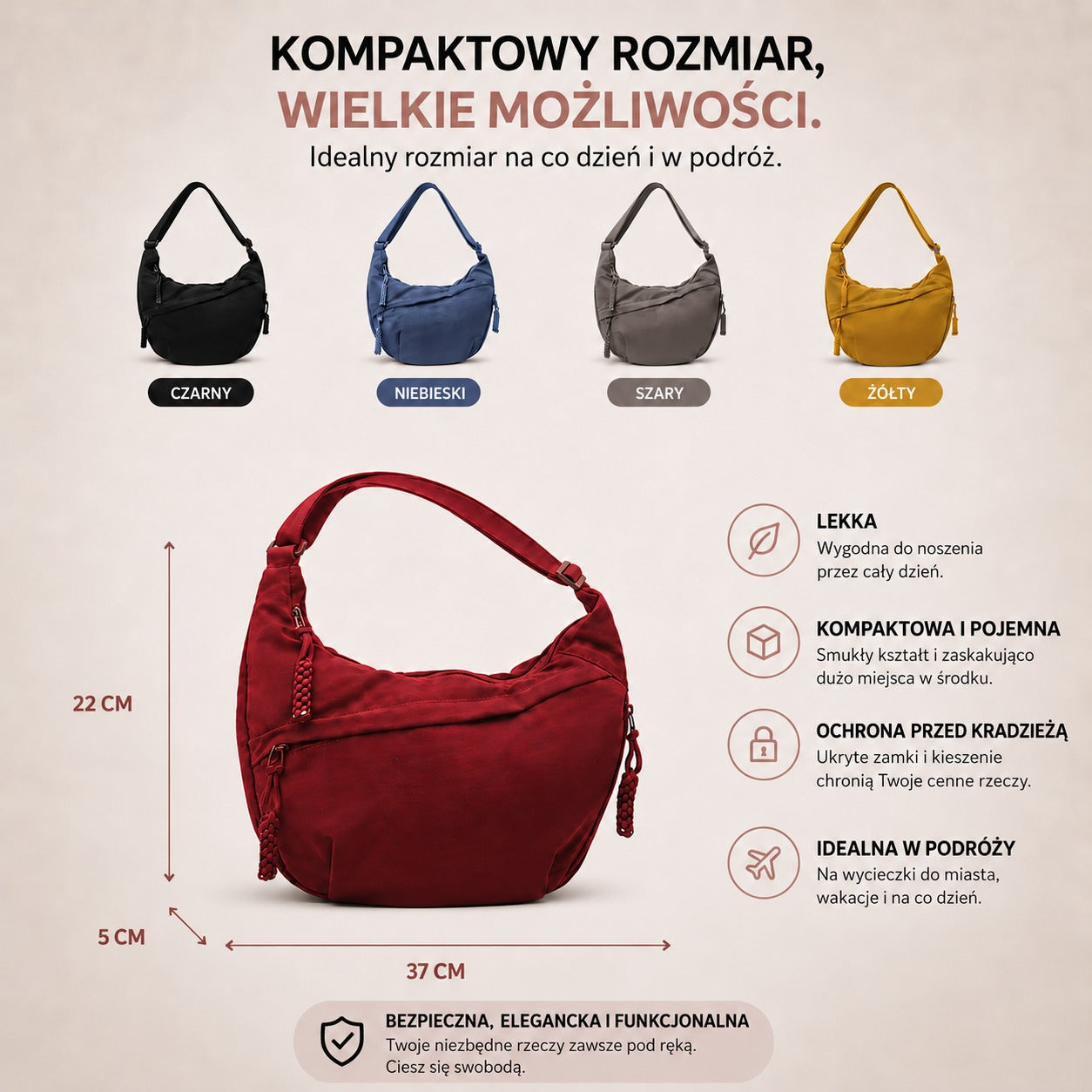 Ariadna czarna torebka na ramię z nylonu, wymiary