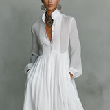 Béatrice - Sukienka Maxi z Lnu w Stylu Patchwork z Kołnierzem