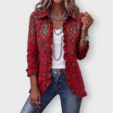 Beata kurtka damska boho z falbankami, czerwony paisley