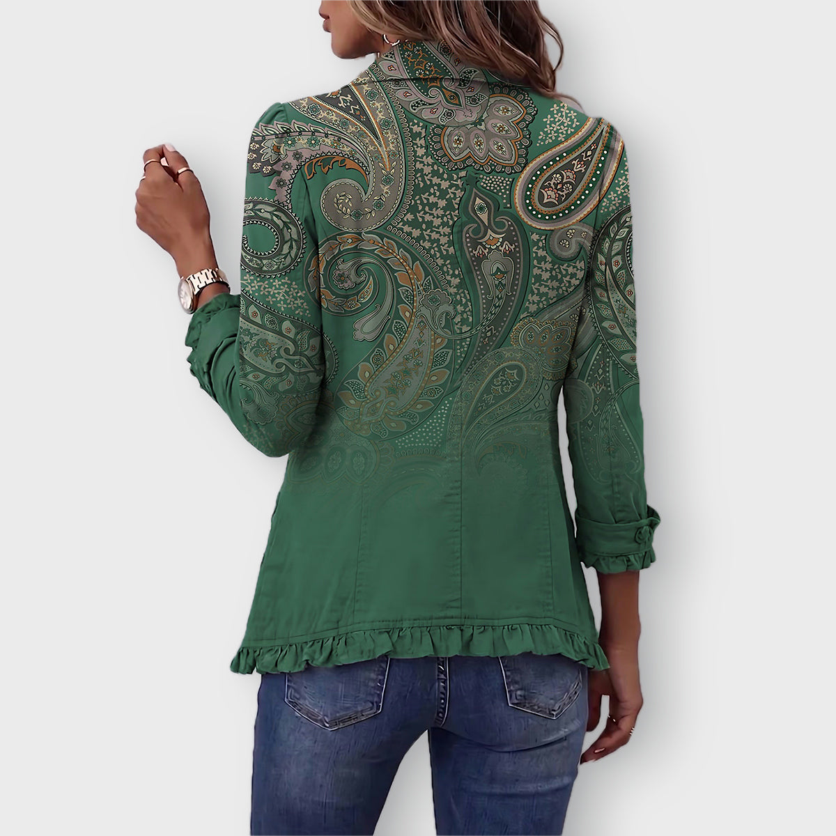 Izabela kurtka damska boho paisley z falbankami, zielona, ujęcie 2