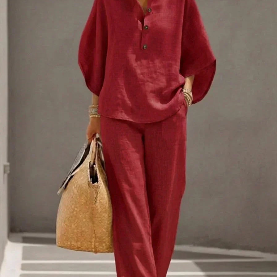 Mariola - Zestaw lniany z rękawami nietoperza i szerokimi spodniami